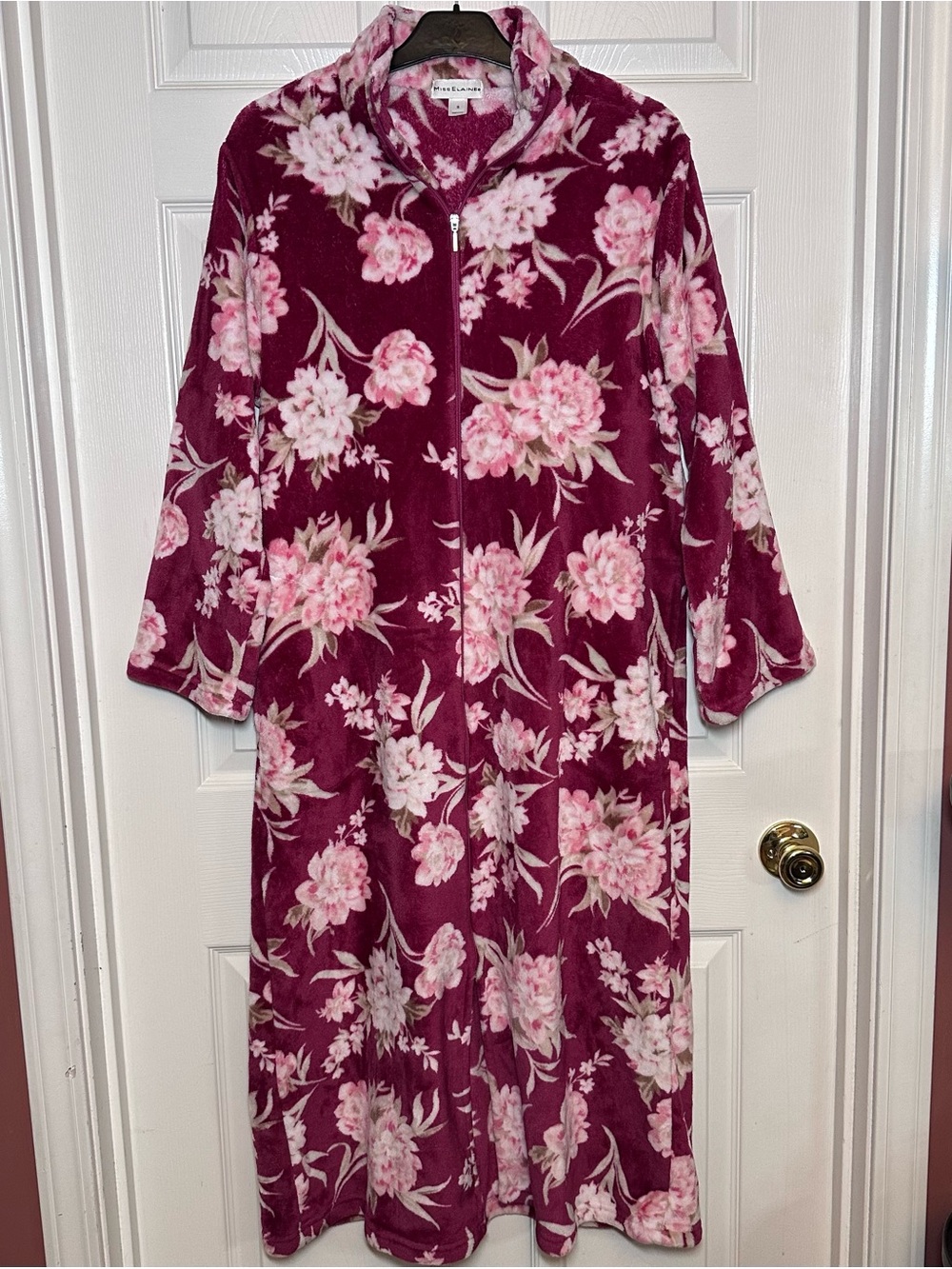 Miss Elaine Soft Velour Robe Housecoat Zip Pink Floral Women's Size S
